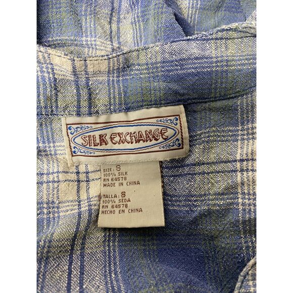 VTG Silk Exchange Blue Plaid Button Up V Neck Short Sleeve Silk Shirt Womens S - Picture 5 of 8